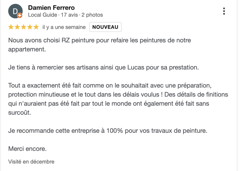 Avis clients Google – entreprise de peinture à Versailles