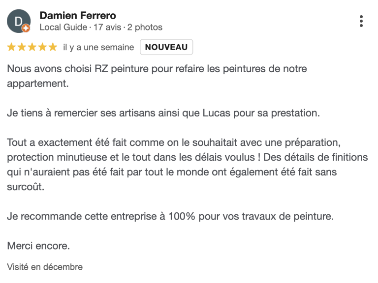 Avis clients Google – entreprise de peinture à Versailles