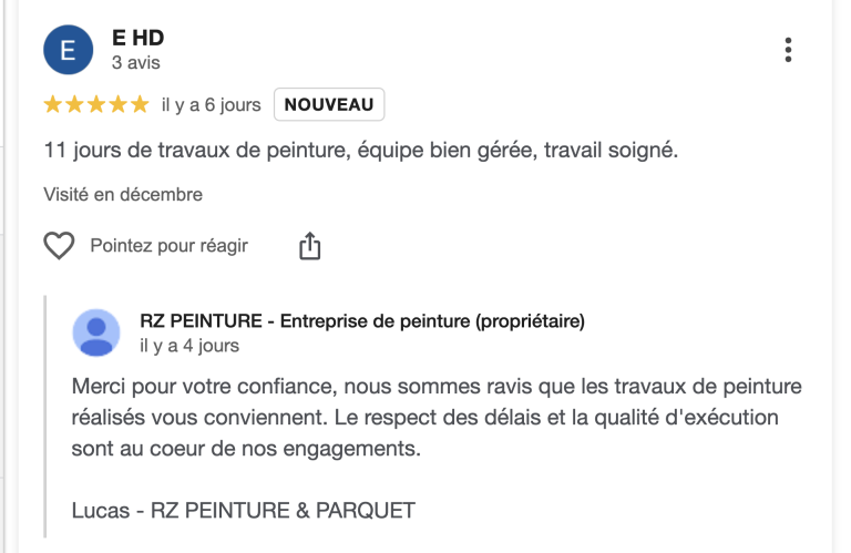 Retours clients Google – travaux de peinture intérieure à Versailles